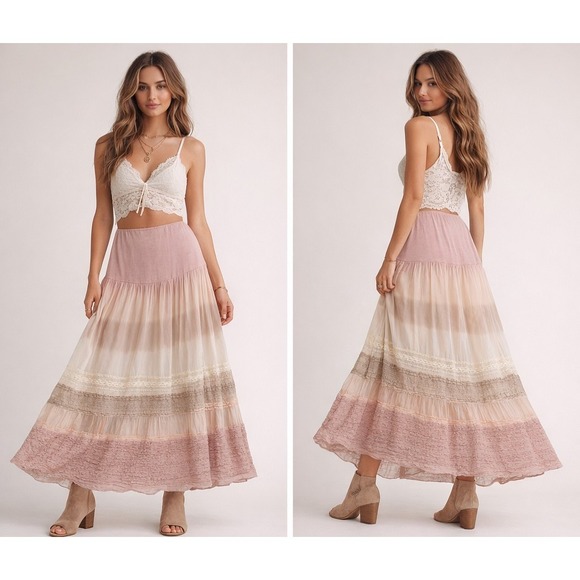 lola Dresses & Skirts - LOLA Made In Italy Silky Maxi Tiered Skirt L‎ Cottagecore Romantic
